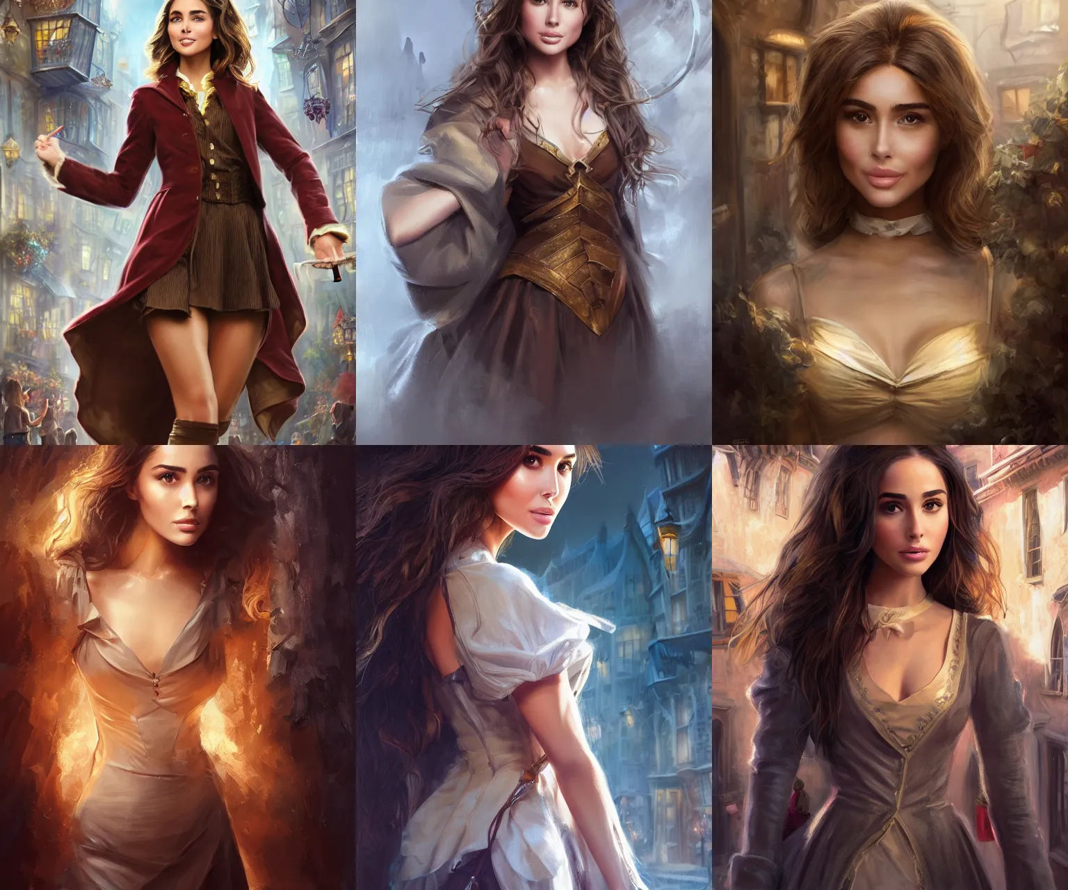 Prompt: Olivia Culpo as hermione in Diagon Alley, digital painting by Mario Testino, Stanley Artgerm Lau, WLOP, Andrei Riabovitchev, masterpiece, trending on artstation, cgstudio