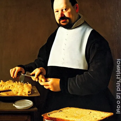 Image similar to a 1 9 th century portrait of guy fieri making a greasy macaroni and cheese sandwich, by vermeer, portrait, royal, oil on canvas