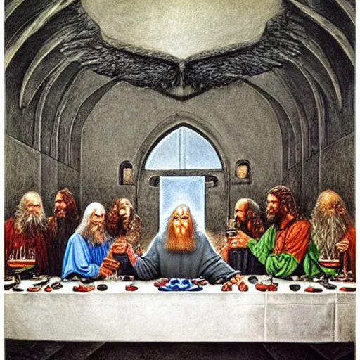 Prompt: gandalf's last supper, by alan lee, by john howe