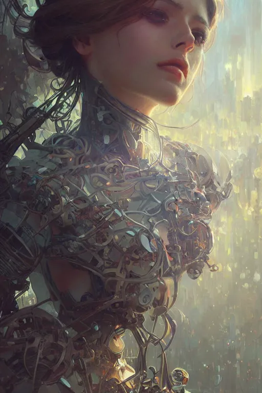 Image similar to ultra realistic, robot broken woman lying flower garden, cyberpunk, sci - fi, fantasy, intricate, elegant, highly detailed, digital painting, artstation, concept art, smooth, sharp focus, illustration, art by artgerm and greg rutkowski and alphonse mucha