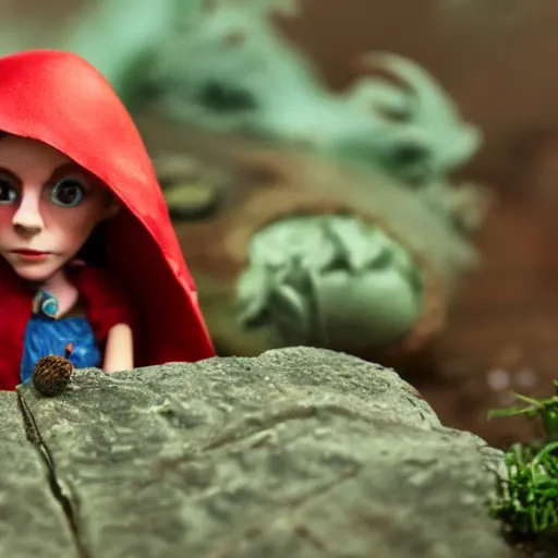 Prompt: a cinematic film still of a claymation stop motion film starring emma watson as little red riding hood, and realistic wolf, shallow depth of field, 8 0 mm, f 1. 8