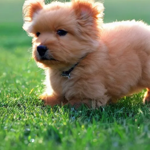 Prompt: adorable green fluffy puppy on grass