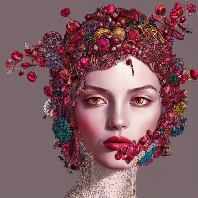 Image similar to studio portrait of absurdly beautiful, elegant, young colorful woman made of rubies and red gems, ultrafine hyperrealistic detailed face illustration by kim jung gi, irakli nadar, intricate linework, sharp focus, bright colors, matte, octopath traveler, final fantasy, unreal engine highly rendered, global illumination, radiant light, intricate environment