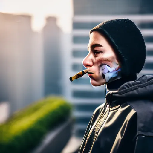 Image similar to candid photographic portrait of a poor techwear mixed young woman smoking inside a dystopian city, closeup, beautiful garden terraces in the background, sigma 85mm f/1.4, 4k, depth of field, high resolution, 4k, 8k, hd, full color