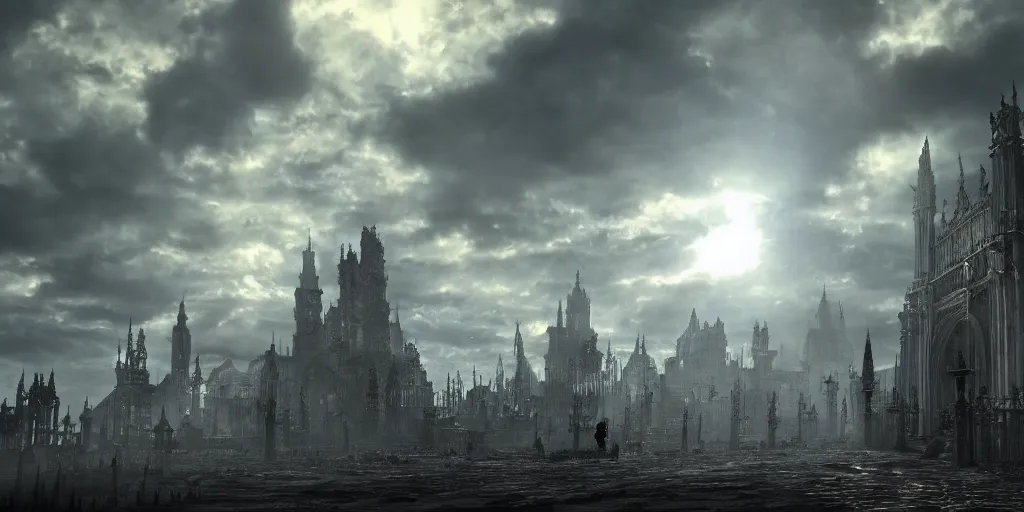 Image similar to Bloodborne tilt shift, prismatic, amazing, marble, clouds, sun, bioluminescent skin, ultra detailed