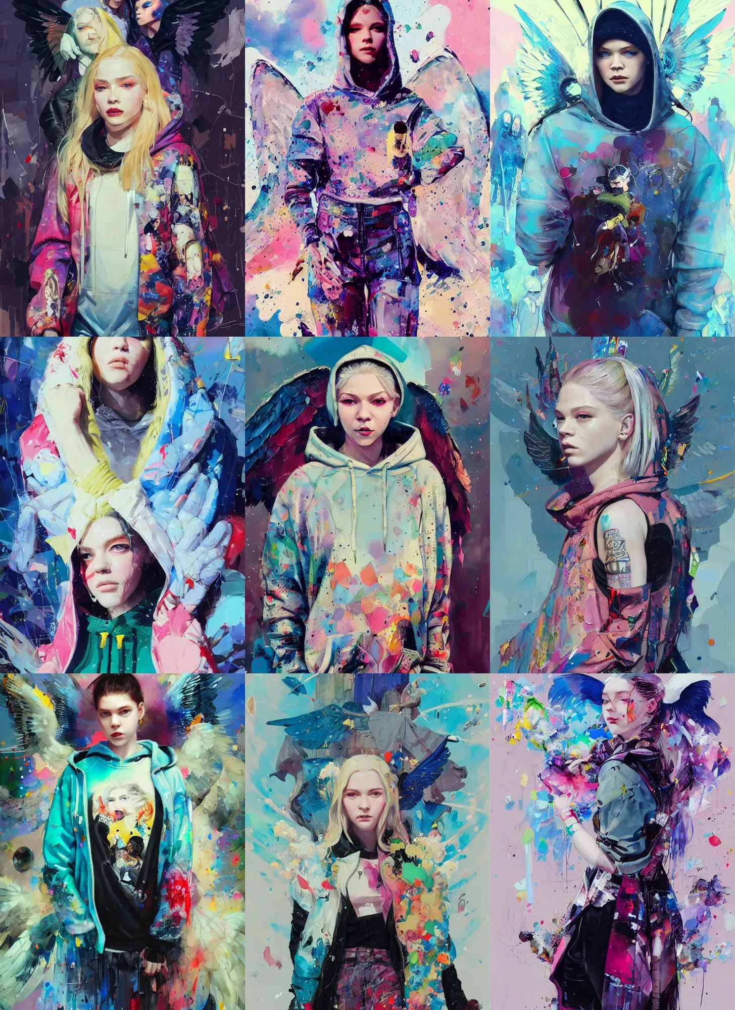 Prompt: hunter schafer in the style of martine johanna and greg rutkowski, wearing hoodie, madonna surrounded by angels, township! street fashion!,! haute couture!, full figure painting by john berkey, david choe, ismail inceoglu, gorgeous features, detailed impasto brushwork