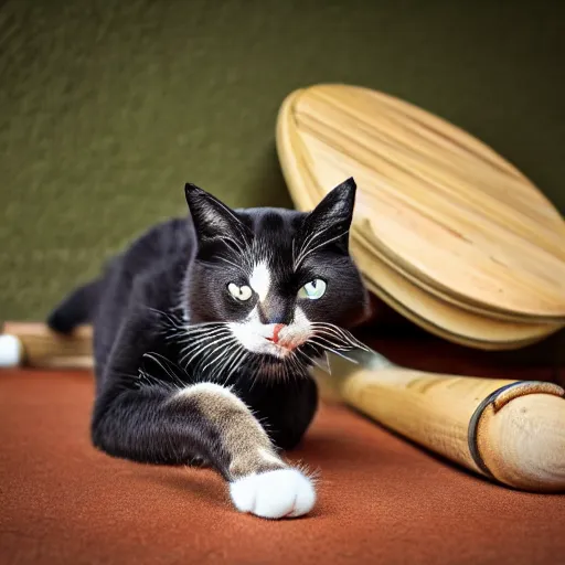 Image similar to cat sat on a mat wearing a hat and holding a bat detailed, smooth, sharp focus