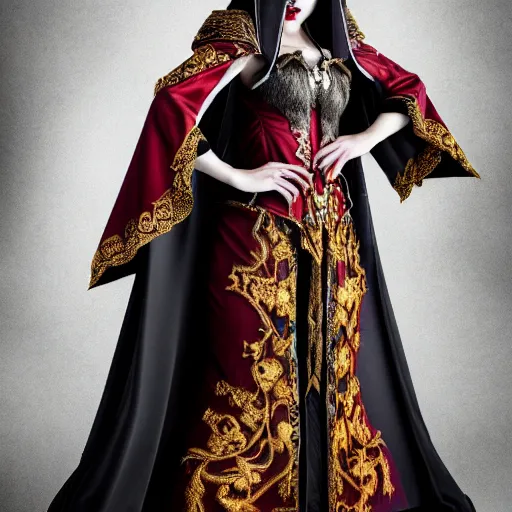 Prompt: full length photo of a very beautiful!! vampire warrior queen with ornate robes, highly detailed, 4 k, hdr, smooth, sharp focus, high resolution, award - winning photo