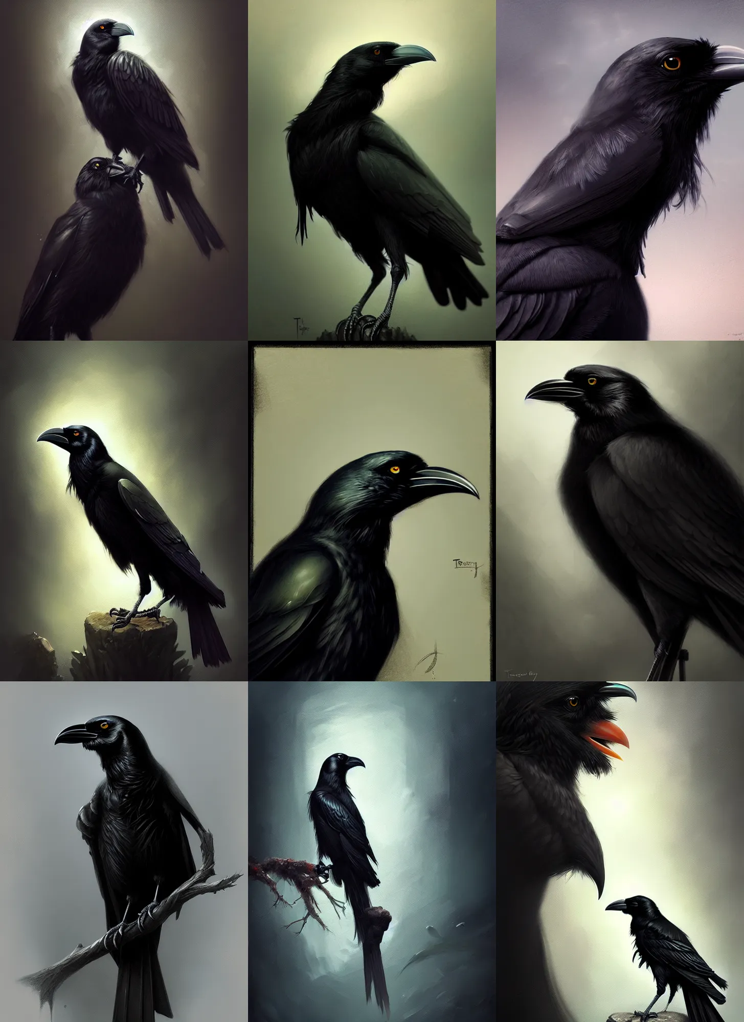 Prompt: a crow studying, diffuse lighting, fantasy, highly detailed, photorealistic, digital painting, artstation, illustration, concept art, smooth, sharp focus, in the style of tom bagshaw