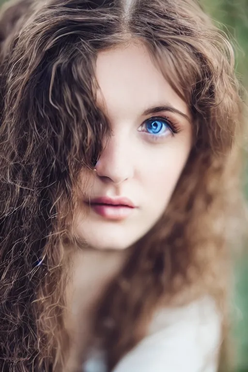Prompt: a beautiful portrait of a long-haired brunette young woman with blue eyes, up close, nostalgic, dreamy, moody, soft light, Nikon 50mm f1.8