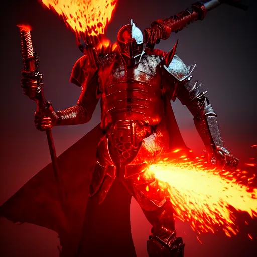 Image similar to hell knight with flaming weapons, highly detailed, 4 k, hdr, award - winning, octane render, artstation