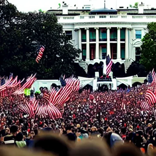 Image similar to a still of thousands of ewoks rioting in front of a the white house in washington.!!!, flaming torches and pitchforks