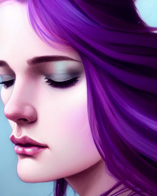 Image similar to Purple hair, creative colouring Portrait of woman face profile, fashion, coloured strands of hair, intricate, elegant, highly detailed, digital painting, artstation, concept art, smooth, sharp focus, illustration, art by artgerm and greg rutkowski and alphonse mucha, 8k