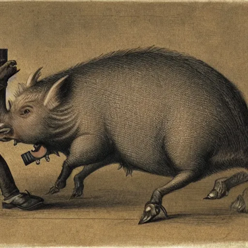 Image similar to an anthropomorphic boar drinking beer