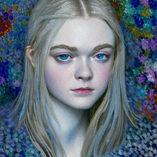 Image similar to professional painting of Elle Fanning in Dark Souls in the style of Henri-Edmond Cross, head and shoulders portrait, symmetrical facial features, smooth, sharp focus, illustration, intricate, stormy weather, extremely detailed masterpiece,