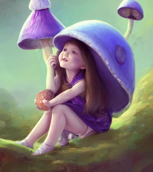 Image similar to a beautiful little girl wearing a mushroom hat sitting | | cute - fine - subtle smile, curved purple hair, face, pretty face, fine details by stanley artgerm lau, wlop, rossdraws, james jean, andrei riabovitchev, marc simonetti, and sakimichan, trending on artstation