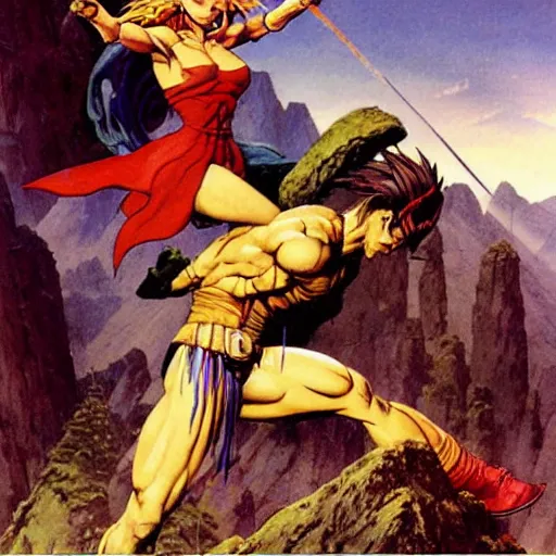 Image similar to crono stands atop a mountain of as marle and ayla clutch his legs, epic painting by frank frazetta