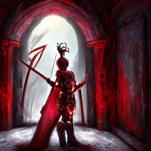 Image similar to blood knight, red, glowing halo, fantasy art, located in a castle, morning sunlight through the window, decorated, high quality, highly detailed, 4 k