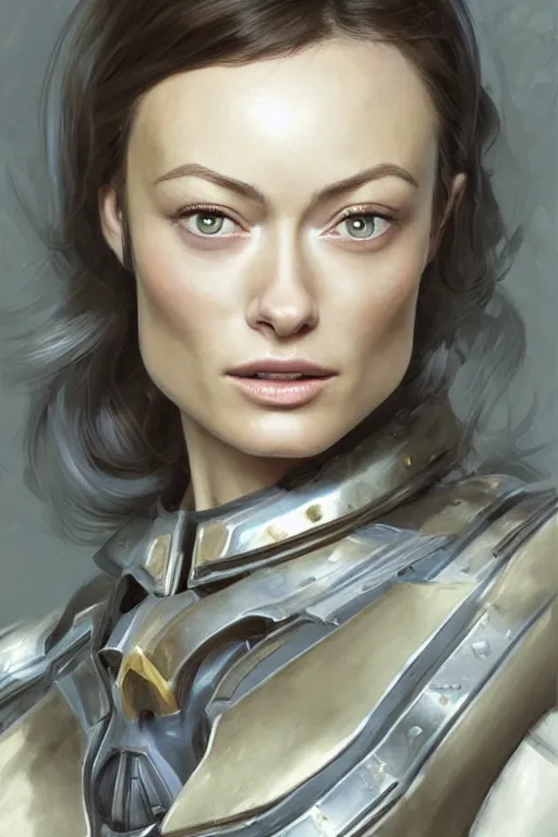 Image similar to a professional painting of a young Olivia Wilde, clothes in military armor, olive skin, long dark hair, beautiful bone structure, symmetrical facial features, intricate, elegant, digital painting, concept art, smooth, sharp focus, illustration, from StarCraft by Ruan Jia and Mandy Jurgens and Artgerm and William-Adolphe Bouguerea