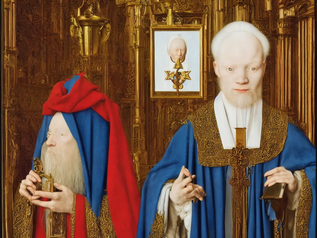 Image similar to Portrait of albino mystic with blue eyes, with Catholic reliquary. Painting by Jan van Eyck, Audubon, Rene Magritte, Agnes Pelton, Max Ernst, Walton Ford