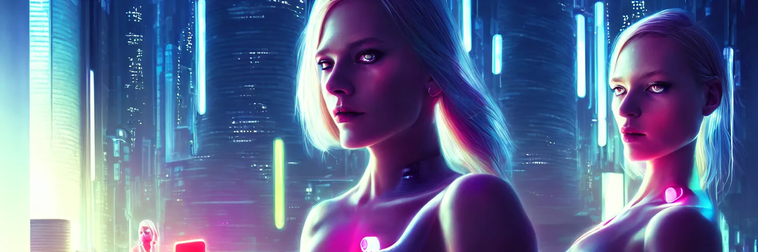 Image similar to portrait of a single scandinavian female humanoid in a cyberpunk cityscape, half body cropping, elegant glamor pose, accurate anatomy, cyber neon lighting, bokeh, rule of thirds, hyper photorealistic, crispy quality, digital photography, art by pascal blanche, art by artgerm, art by greg rutkowski,