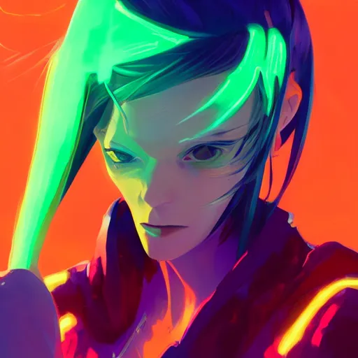 Image similar to a female protagonist wearing neon clothing minimalist, cyberpunk, behance hd by jesper ejsing, by rhads, makoto shinkai and lois van baarle, ilya kuvshinov, rossdraws global illumination ray tracing hdr radiating a glowing aura, fine texture, editorial illustration, dramatic lighting, dynamic composition, detailed, matte print, dynamic perspective, muted color