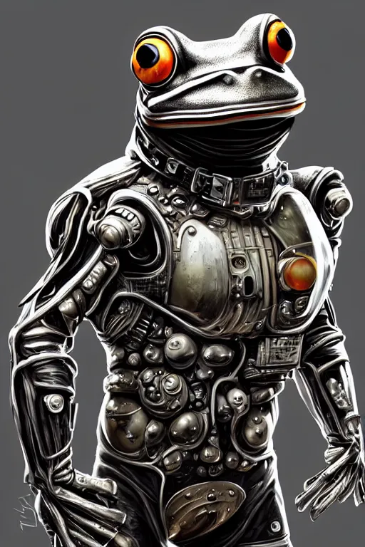 Image similar to a portrait of a muscular anthropomorphic cyberpunk frog in spacesuit armor with ensignia on chest plate by sandra chevrier, by jon foster, detailed render, post - processing, extremely hyperdetailed, intricate, epic composition, cybernetics, 4 k realistic, cryengine, realistic shaded lighting, sharp focus, masterpiece, by enki bilal