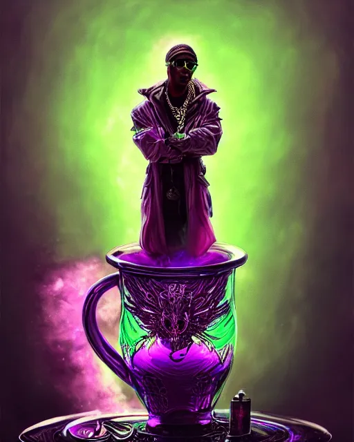 Prompt: future the rapper holding cup of codeine, purple liquid in cup glowing, fantasy, dramatic, intricate, elegant, highly detailed, digital painting, artstation, concept art, smooth, sharp focus, illustration, art by Gustave Dore, octane render