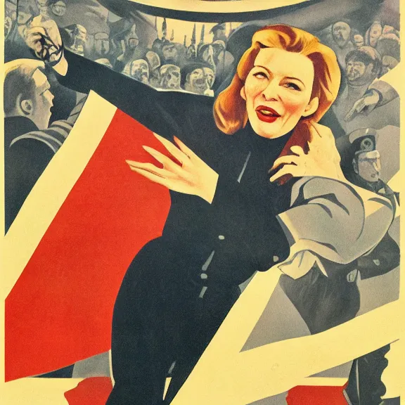 Image similar to soviet propaganda poster with cate blanchett calling on the world community to fight against Nazism, Ultra Detailed, high resolution, soviet realism