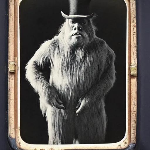 Prompt: a vintage wet plate portrait of a dignified bigfoot with a top hat and cane, extremely detailed, by julia margaret cameron!!!!!!!!!!!!!!!!!!