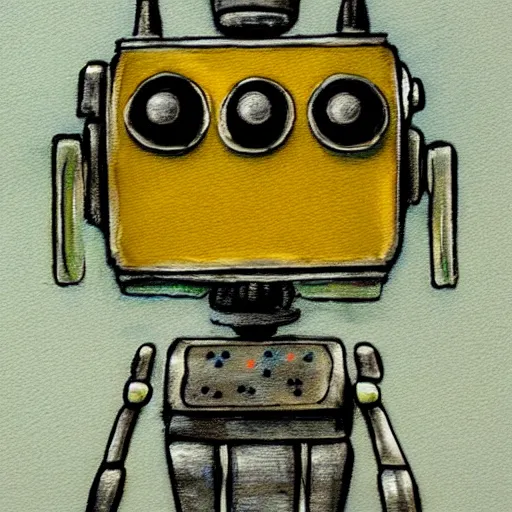 Prompt: a detailed painting of a cute robot made of alcohol ink on parchment, retro, muted colors