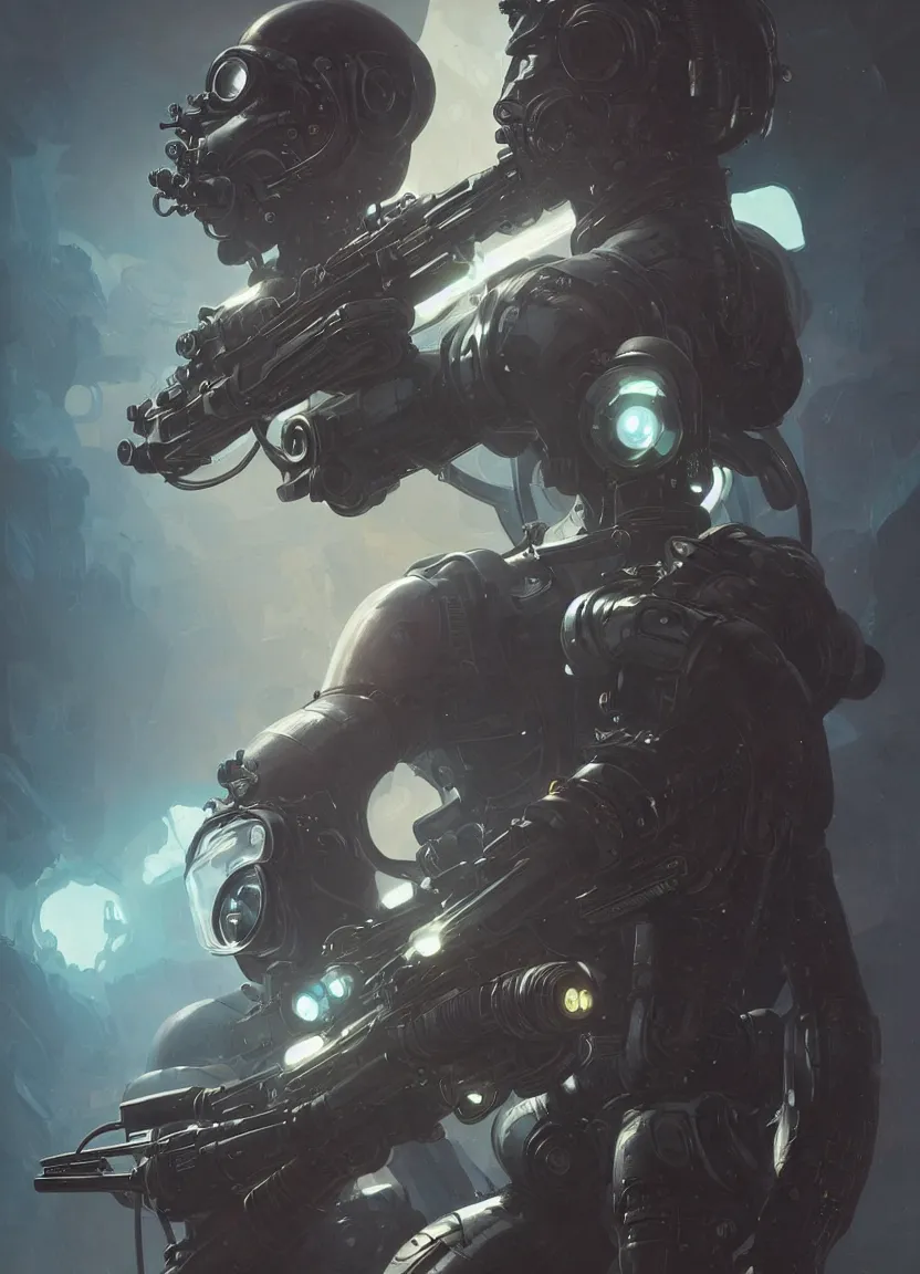 Image similar to cyborg alien bounty hunter with breathing apparatus holds gun pointing up, intricate, elegant, highly detailed, digital painting, artstation, concept art, matte, sharp focus, illustration, art by artgerm and greg rutkowski and alphonse mucha