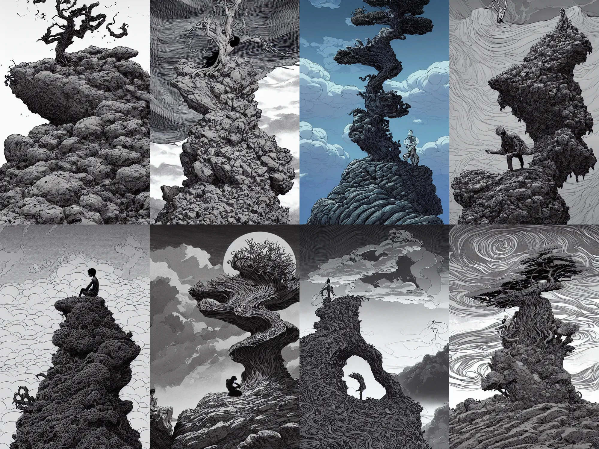 Prompt: a prince meditating on the top of a pile of rocks, a dead tree and swirly clouds in the background, art by James Jean and Wayne Barlowe and moebius, black and white ink, high details , cinematic, cgsociety 8k