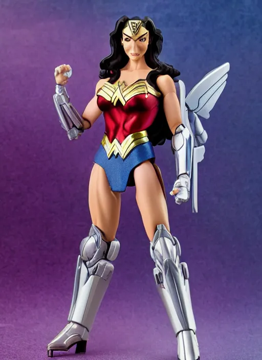 Image similar to transformers decepticon lynda carter's wonder woman action figure from transformers : kingdom, pvc figurine, symmetrical details, gunpla, android, robot girl, by hasbro, takaratomy, tfwiki. net photography, product photography, official media