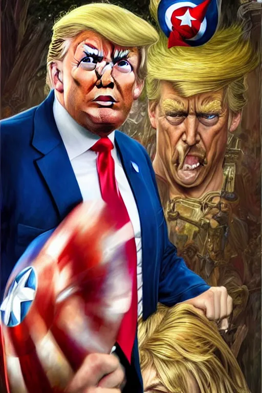 Image similar to hyperrealistic painting of Donald Trump as Captain America, D&D, fantasy, photorealism, accurate depiction, intricate, elegant, highly detailed, digital painting, post processing, extremely detailed, face symmetry, artstation, concept art, matte, smooth, sharp focus, illustration, art by Artgerm and Greg Rutkowski and Alphonse Mucha, oil painting, 8k