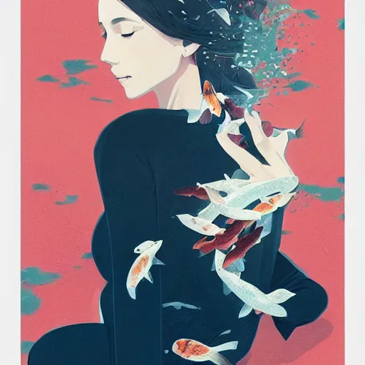 Image similar to a ultradetailed beautiful portrait panting of a stylish woman surrounded by floating koi fish, by conrad roset, greg rutkowski and makoto shinkai, trending on artstation