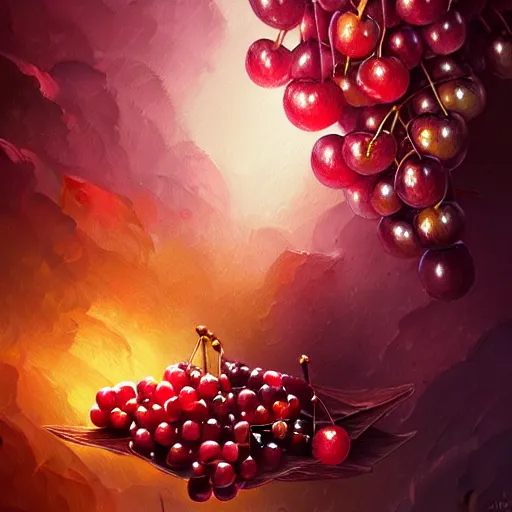 Prompt: cherries and grapes exploding, intricate, elegant, highly detailed, digital painting, artstation, concept art, smooth, sharp focus, illustration, by anato finnstark, boissb - blanca. j, cindy avelino, clint cearley, anna podedworna