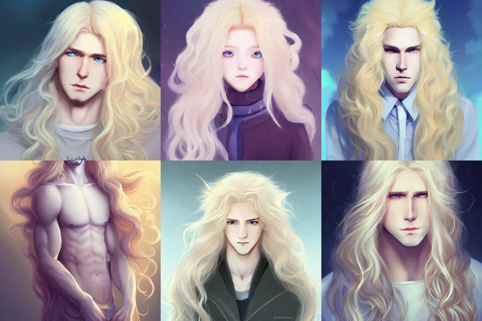 Prompt: the beautiful androgynous young blond male lucius, very very long fluffy curly blond hair, pale white skin, 1 5 0 4, by sakimichan and rossdraws, 4 k digital painting, artstation cgsociety