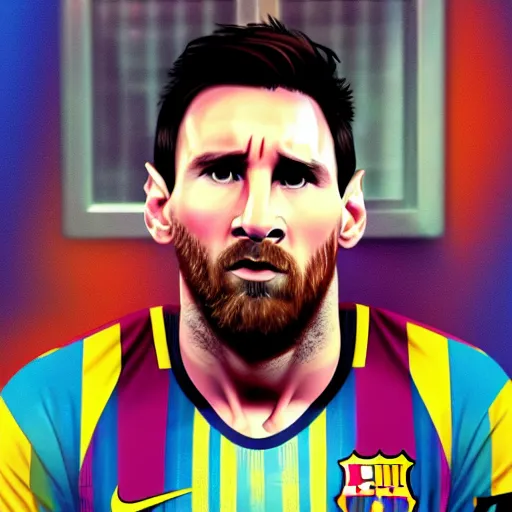 Image similar to Lionel Messi in a GTA V loading screen, cover art, posing solo, symmetrical face, in the style of Stephen Bliss, trending on artstation