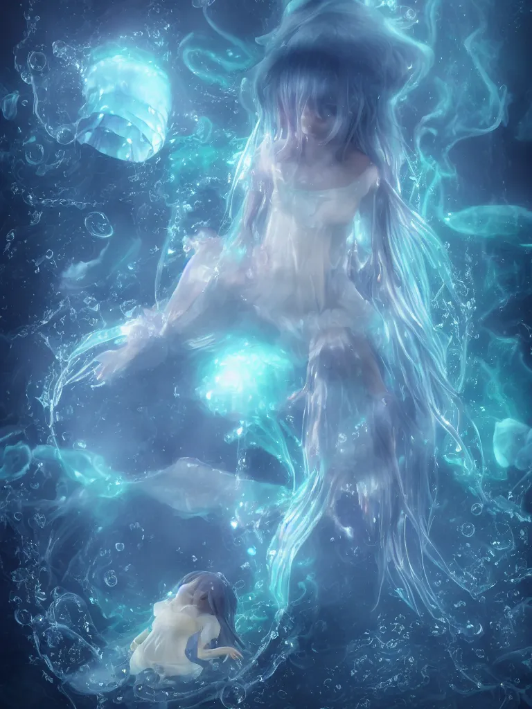 Image similar to cute fumo plush of an otherworldly translucent jellyfish goth girl floating in the deep sea, mysterious tattered maiden tendrils and dress, anime magical monster girl, heavy rain reflective water surface, glowing lens flare wraith girl, wisps of volumetric fog and smoke in refracted vortices, vignette, bokeh, vray