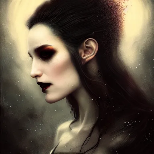 Image similar to Portrait of a Riveting vampire woman!, atmospheric-lighting, gothic makeup, intricate, Transylvanian castle, volumetric lighting, beautiful, starlit sky, sharp focus, ultra-detailed, by Tom Bagshaw Leesha Hannigan, Ross Tran, Thierry Doizon, Kai Carpenter, Ignacio Fernández Ríos