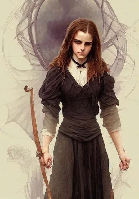 Image similar to emma watson hermione witch magic gothic, intricate, elegant, highly detailed, digital painting, artstation, concept art, smooth, sharp focus, illustration, art by artgerm and greg rutkowski and alphonse mucha and william - adolphe bouguereau