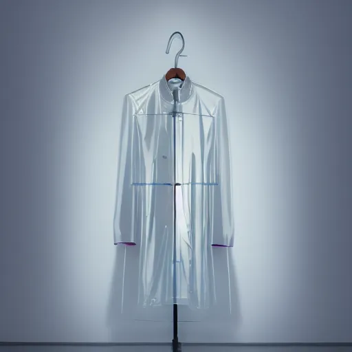 Prompt: an ultra high definition professional studio quality photograph of a transparent iridescent perspex pastel coloured raincoat on white coat hook in an empty white room. dramatic lighting, ray tracing, refraction, shallow d. o. f, colour corrected, golden ratio, three point light. volumetric shadows. god rays.