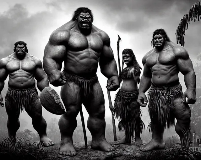 Image similar to hyper realistic group vintage photograph of a live action warcraft orc warrior tribe in the jungle, tall, hulk like physique, detailed faces, tribal paint, tribal armor, grain, old, monochrome, sepia toned, realistic lighting, wide angle