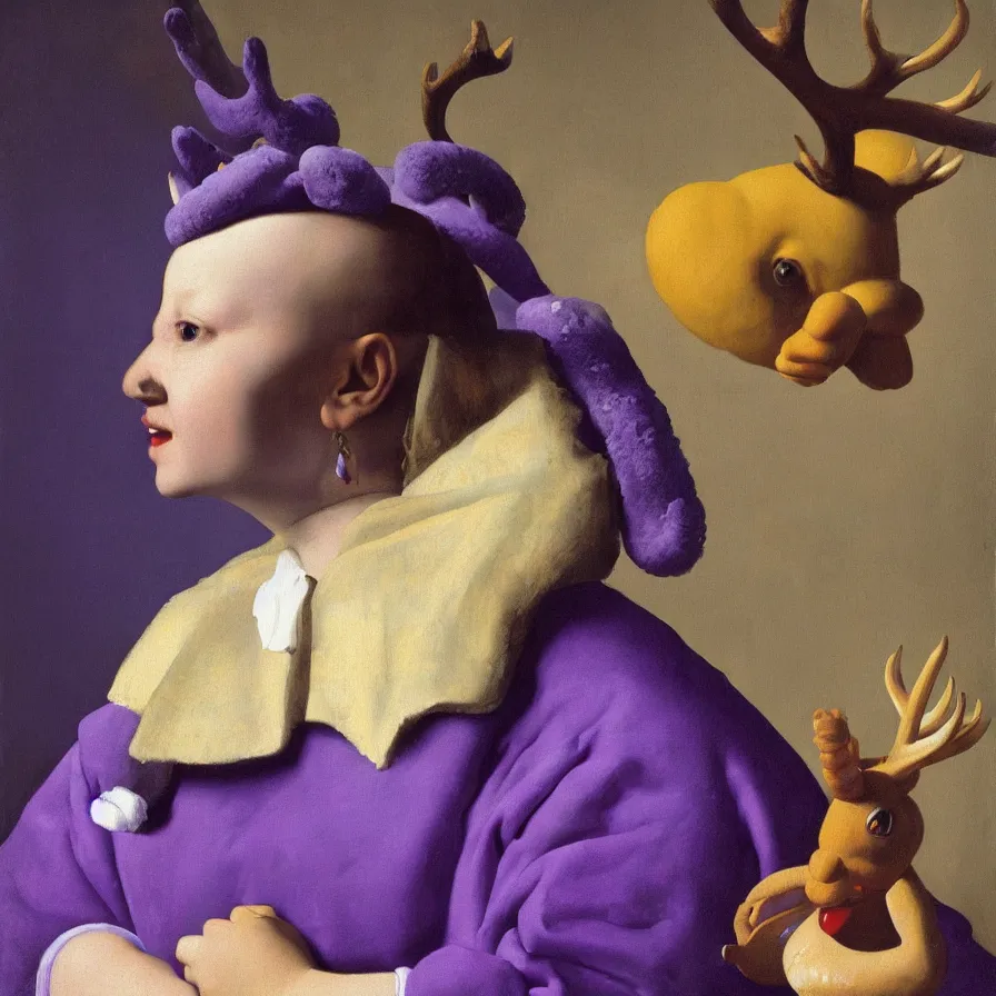 Image similar to rare hyper realistic portrait painting by vermeer, studio lighting, brightly lit purple room, a blue rubber ducky with antlers laughing at a giant crying rabbit with a clown mask