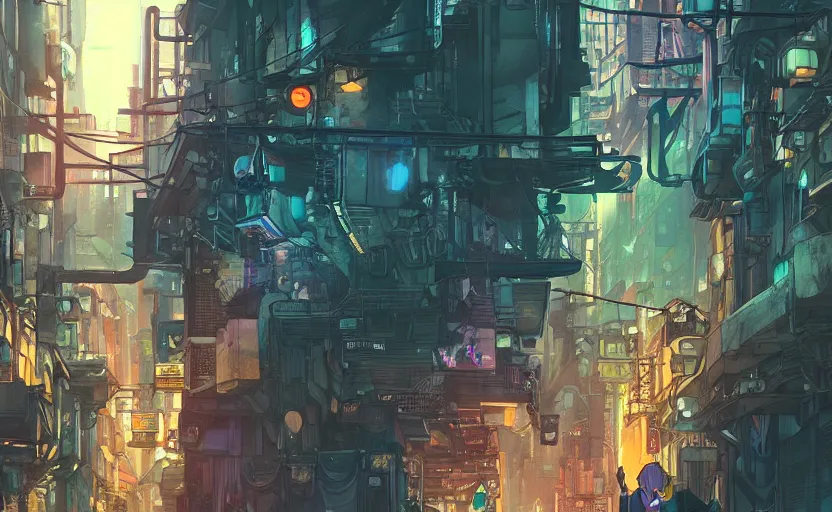 Prompt: a cat society in a cyberpunk city alleyway in a space opera cyberpunk studio ghibli animated film, volumetric lighting, octane render by anime, artgerm, alphonse mucha, loish, alena aenami, highly detailed