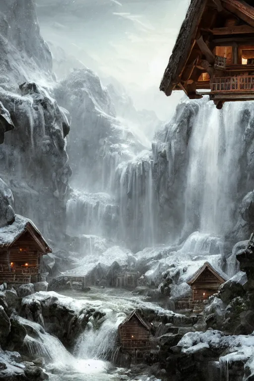 Image similar to mountain village with wooden viking houses on top of a waterfall in the snow, blizzard, a small stream runs beneath the waterfall, landscape, raphael lacoste, eddie mendoza, alex ross, concept art, matte painting, highly detailed, rule of thirds, dynamic lighting, cinematic, detailed, denoised, centerd