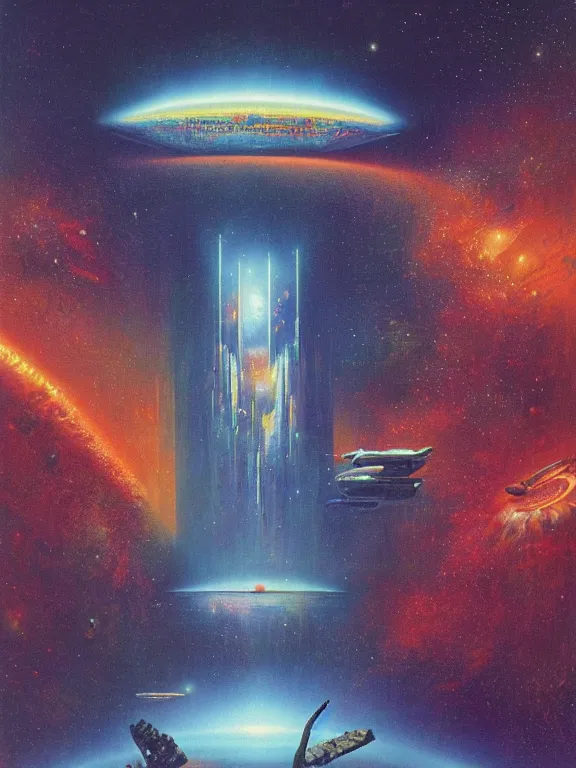 Prompt: A psychedelic poster of 2001: A Space Odyssey by Bruce Pennington