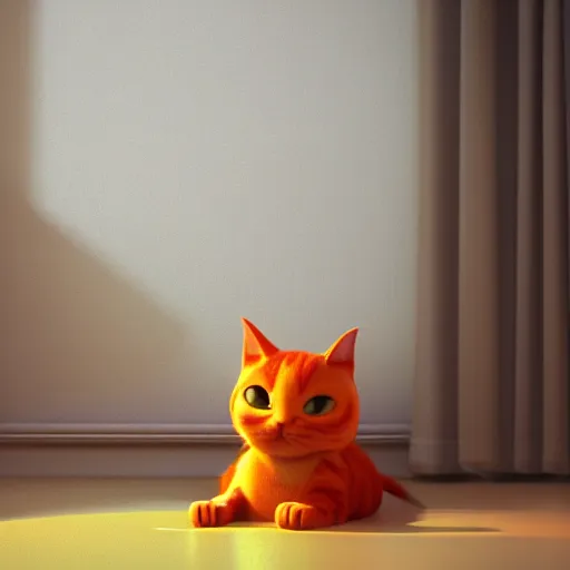 Image similar to A fat, cute orange cat in a beautiful room, cozy, octane render by Goro Fujita, details, lights, beautiful, 4K, 8K