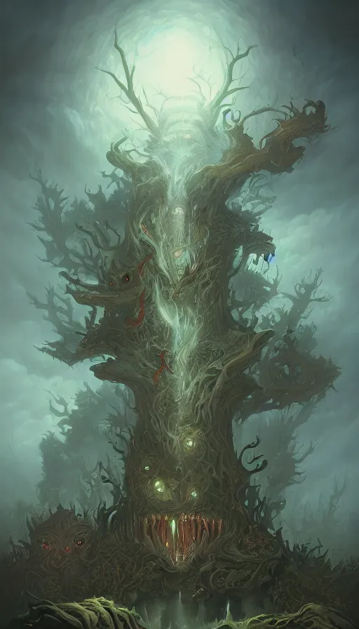 Image similar to a storm vortex made of many demonic eyes and teeth over a forest, by peter mohrbacher
